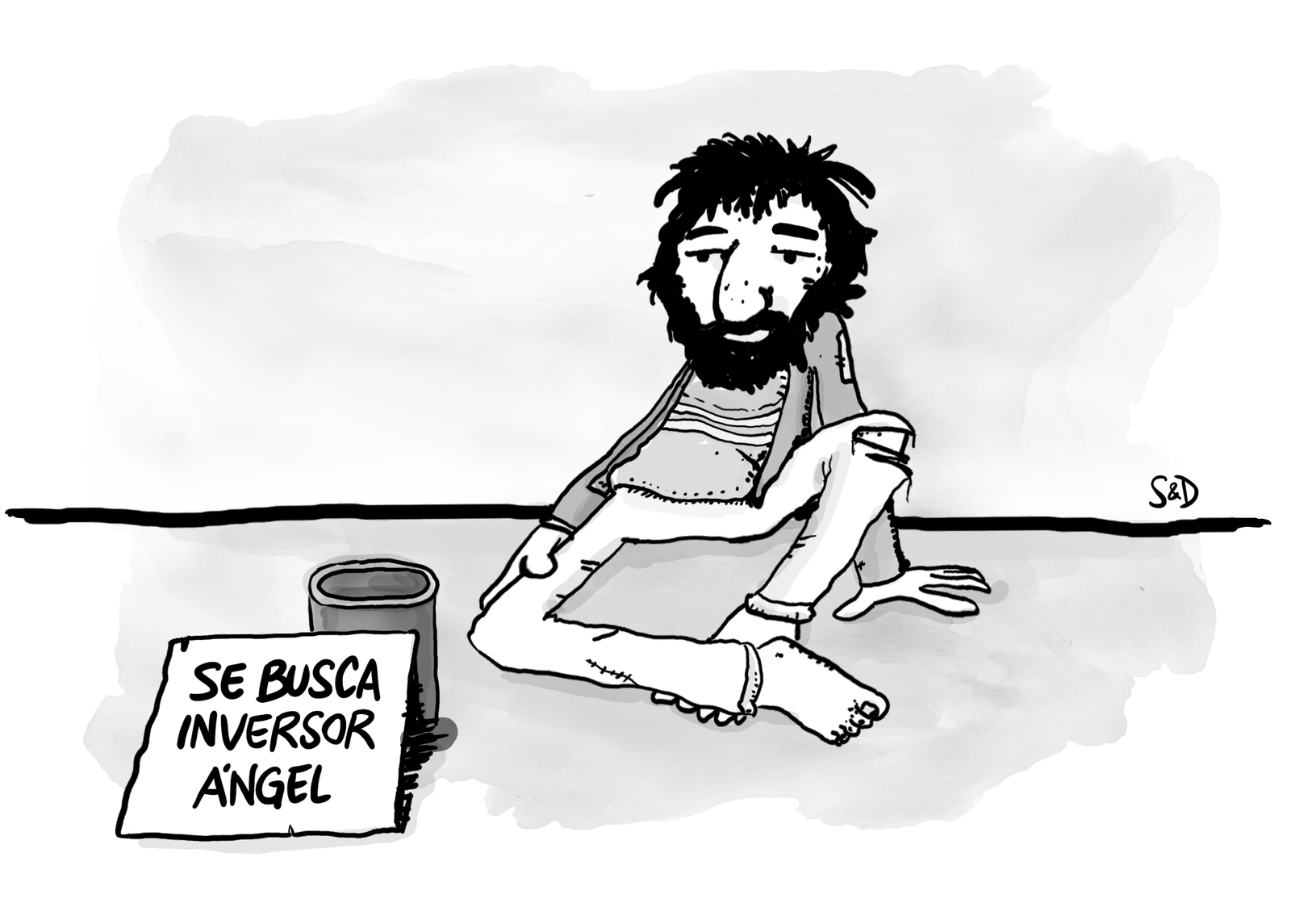Ilustración original del Bichicome sentado en la vereda junto a su lata y un cartel de Se busca inversor ángel